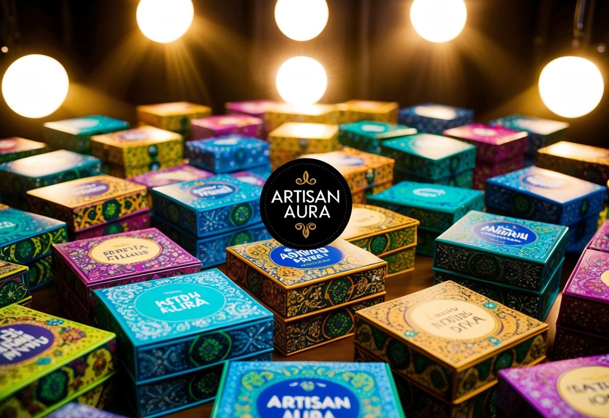 A table filled with colorful, intricately designed handmade boxes, each displaying a unique promotional offer. Bright lights highlight the ArtisanAura logo
