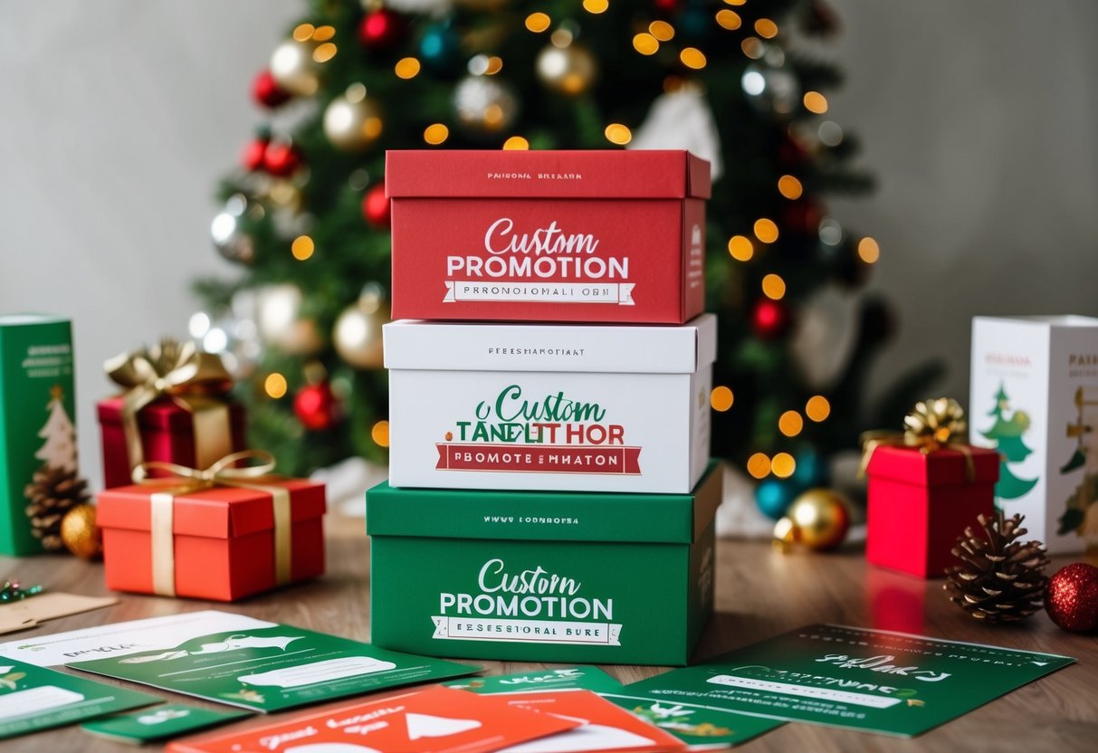 A stack of custom promotional boxes with seasonal designs, surrounded by festive decorations and marketing materials