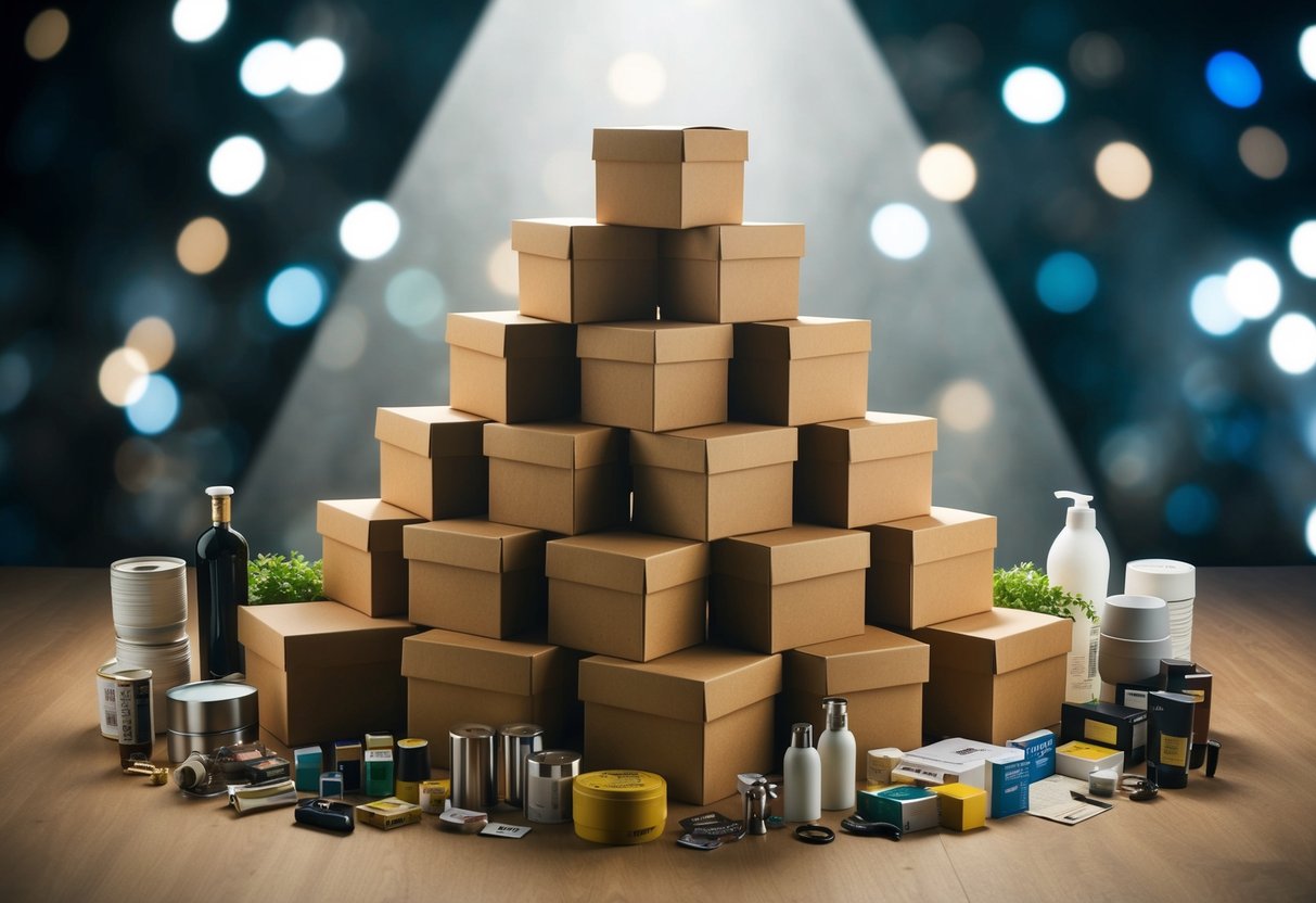 Custom boxes arranged in a pyramid with a spotlight shining on them, surrounded by various products and items to represent the diverse uses and benefits of custom boxes promotions