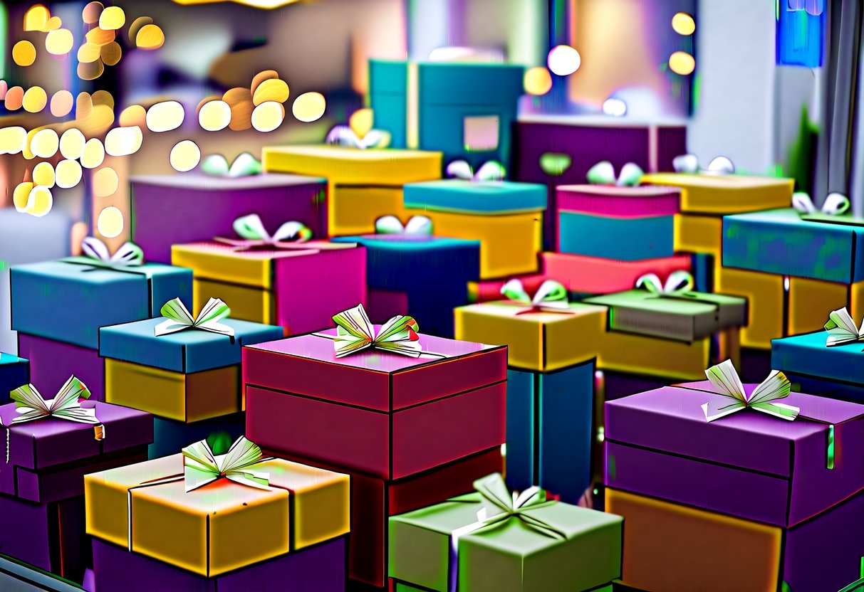 A vibrant display of custom boxes arranged in a creative and eye-catching manner, positioned strategically to attract attention and promote the innovative packaging solutions