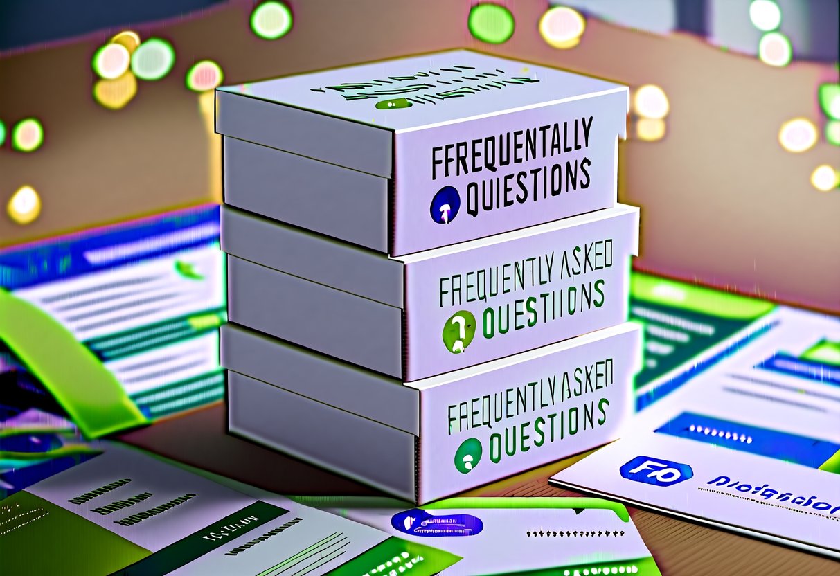 A stack of custom boxes with "Frequently Asked Questions" printed on them, surrounded by promotional materials