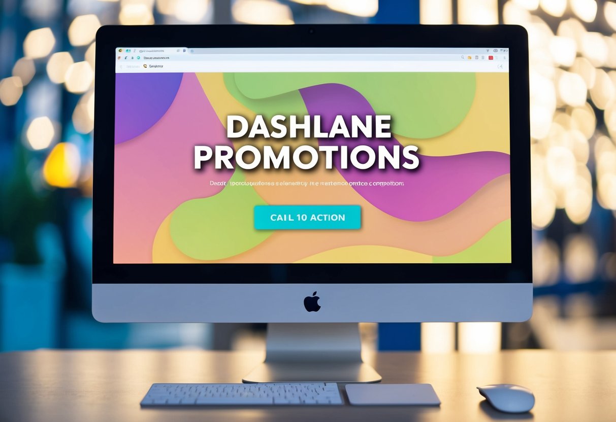 A computer screen displaying "Dashlane promotions" with a bright, eye-catching design and a prominent call-to-action button