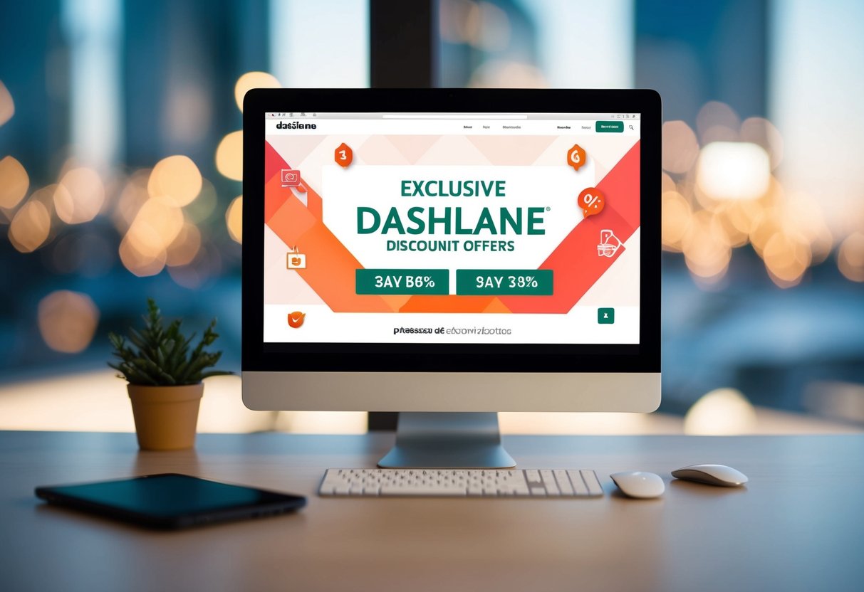 A computer screen displaying exclusive Dashlane discount offers with promotional graphics and icons