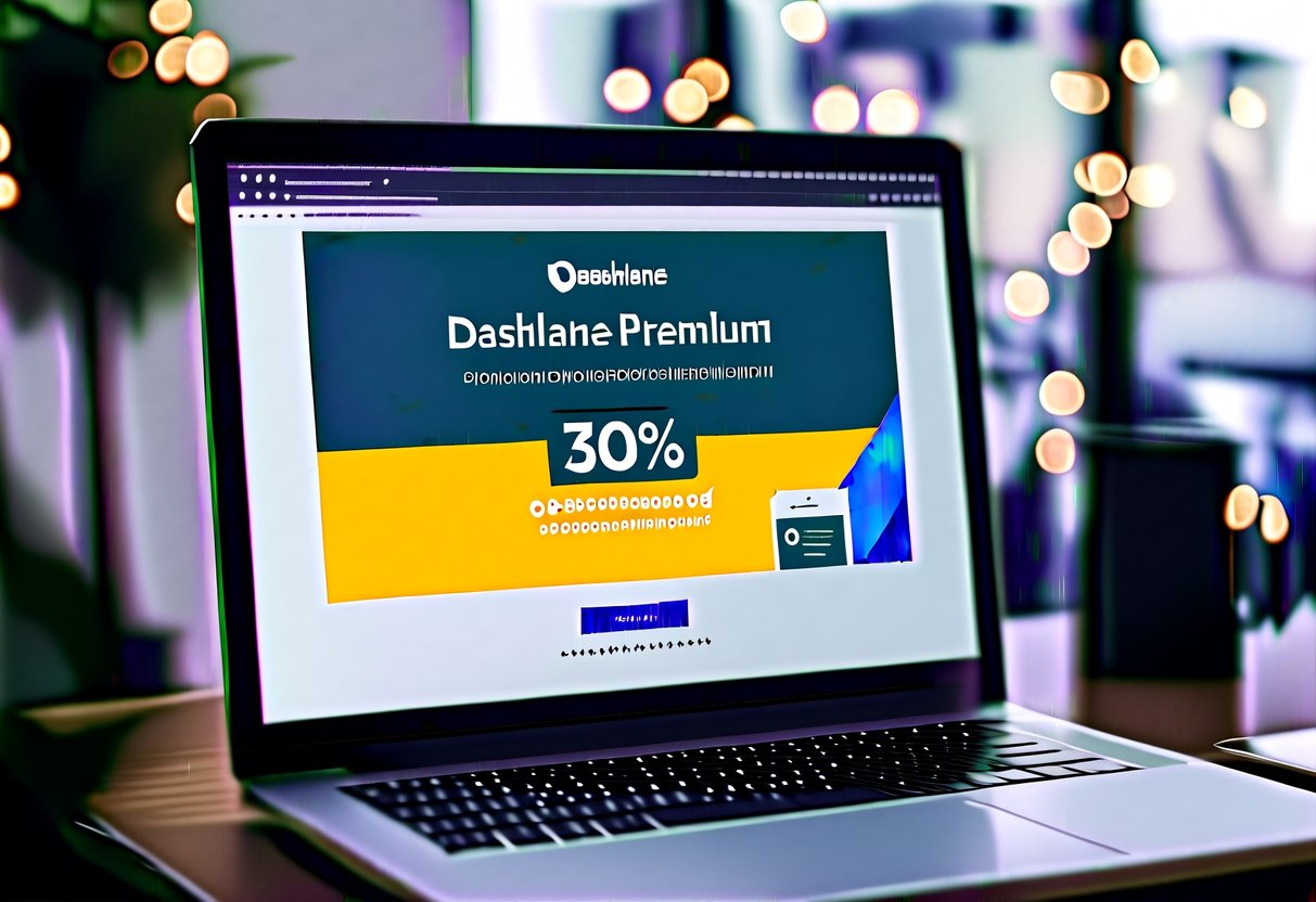 A computer screen displaying a promotional offer for Dashlane Premium, with the discount of 30% highlighted