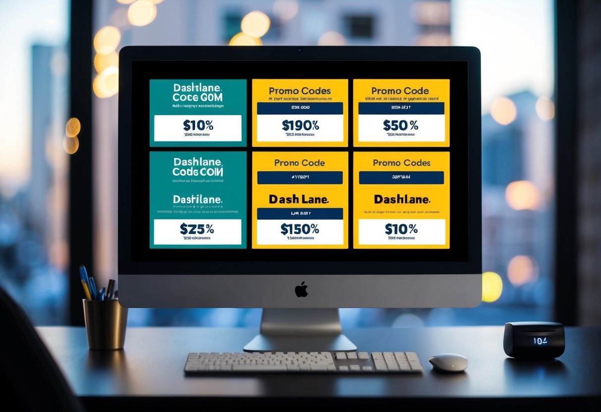 A computer screen displaying various promo codes and offers for Dashlane, with a countdown timer indicating the limited-time nature of the promotions