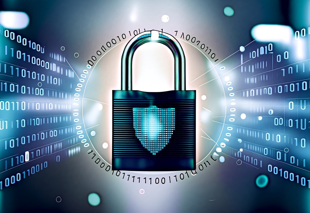 A padlock with a digital interface surrounded by binary code and a shield symbol