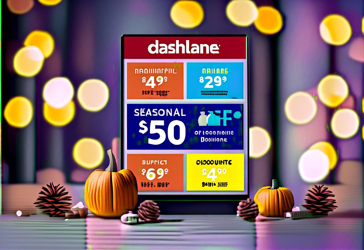 A colorful display of seasonal Dashlane discounts and promotions, with various products and prices highlighted