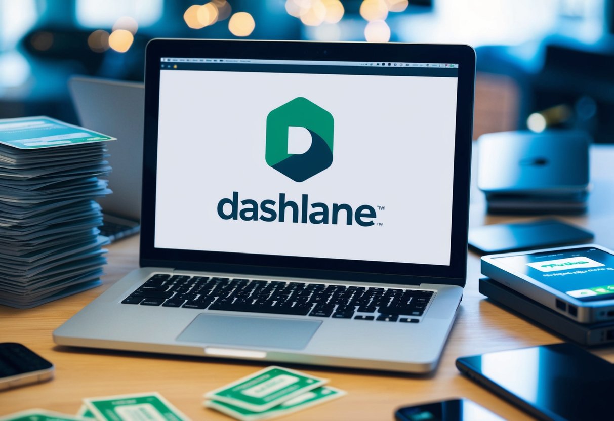 A laptop displaying the Dashlane logo, surrounded by various digital devices and a stack of referral bonus vouchers