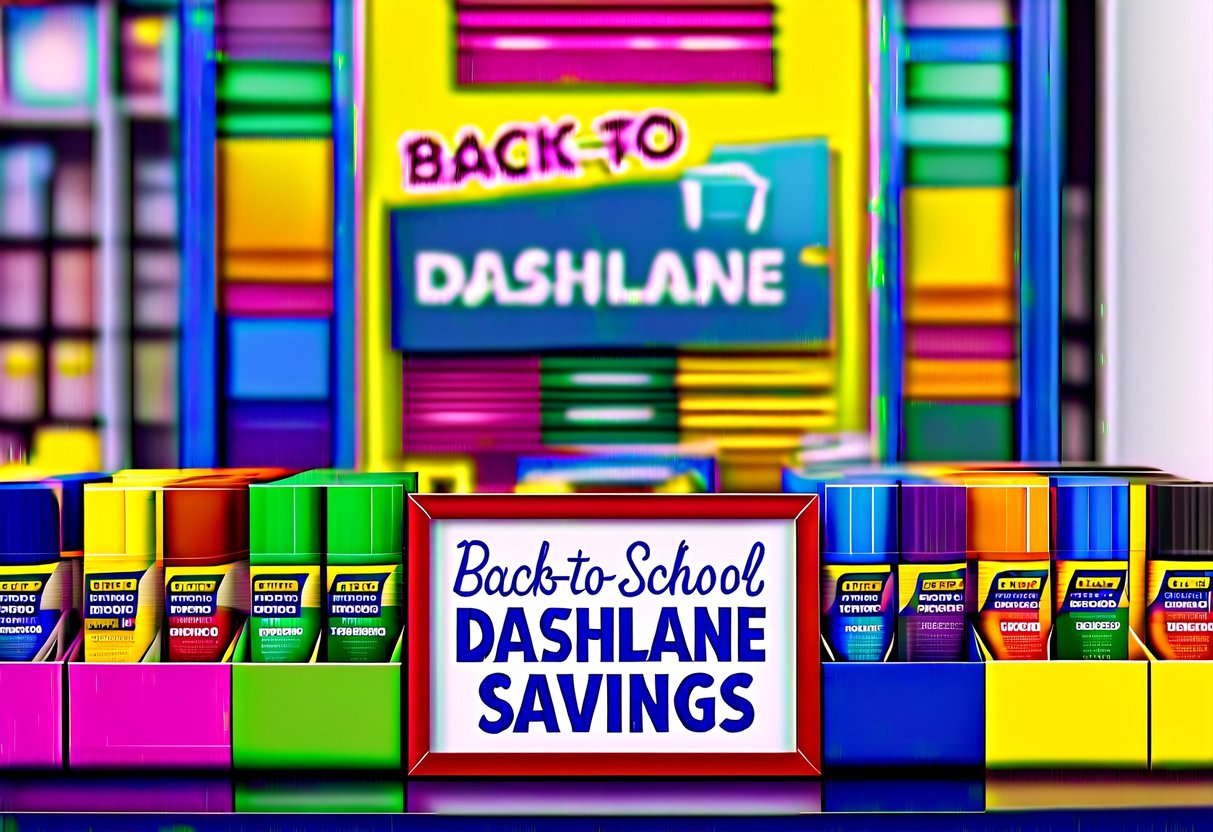A colorful school supply display with "Back-to-School Dashlane Savings" signage