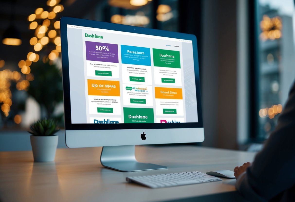 A computer screen displaying various promotional offers for Dashlane, with a sleek and modern design