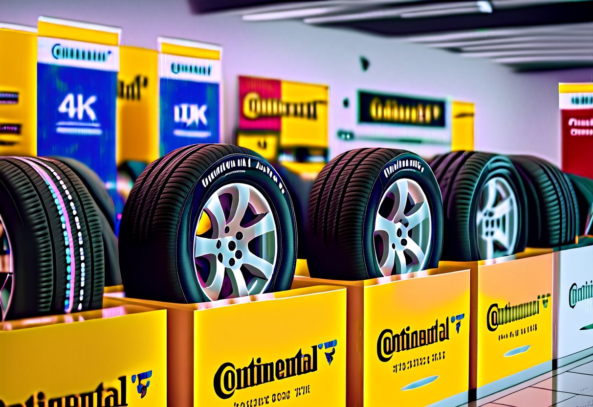 A colorful display of Continental tires with promotional banners and logos