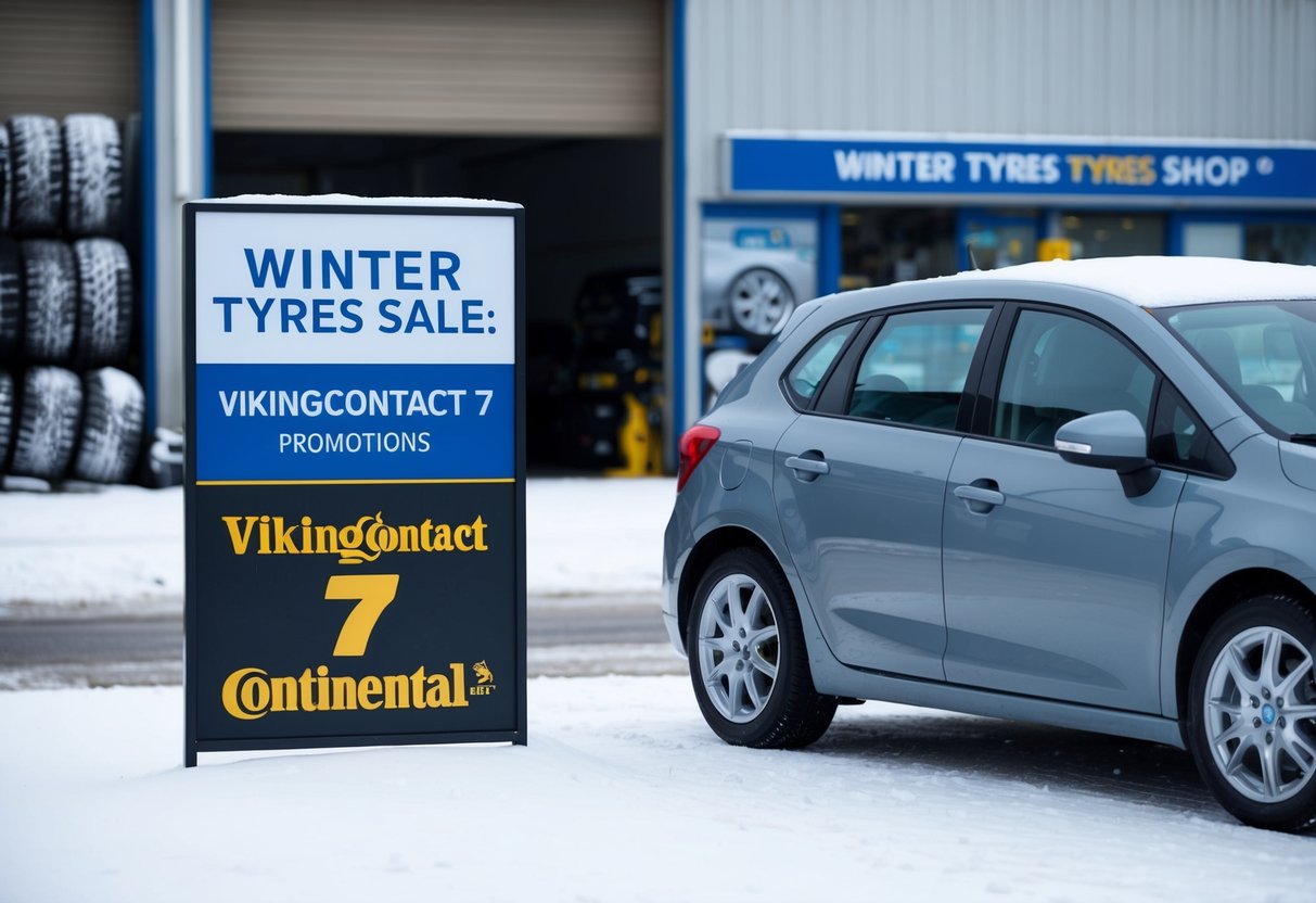 A snowy landscape with a car parked next to a sign advertising "Winter Tyres Sale: VikingContact 7 continental tyres promotions" outside a tire shop