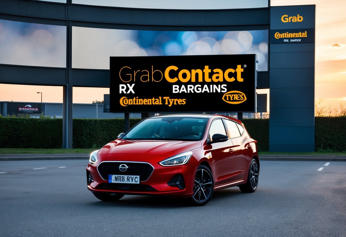 A car parked in front of a billboard displaying the Grab ProContact RX Bargains continental tyres promotions