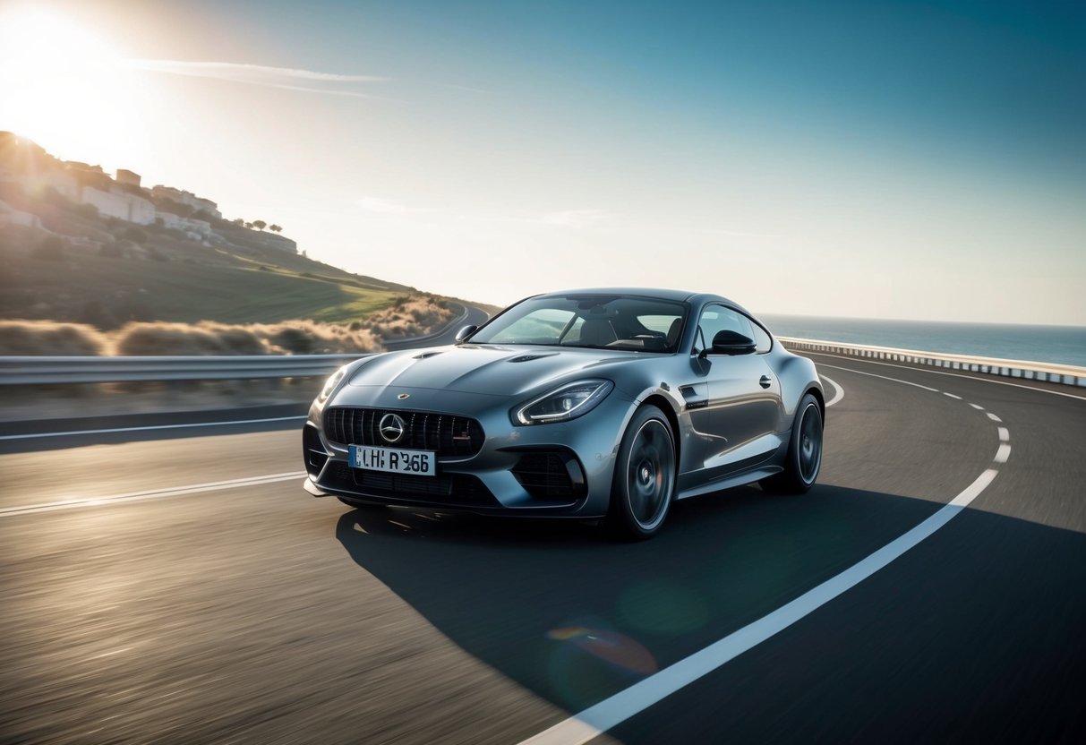 A sleek car speeding along a winding coastal road, with the sun shining and the ocean in the background, showcasing the performance of ContiSportContact 5 continental tyres