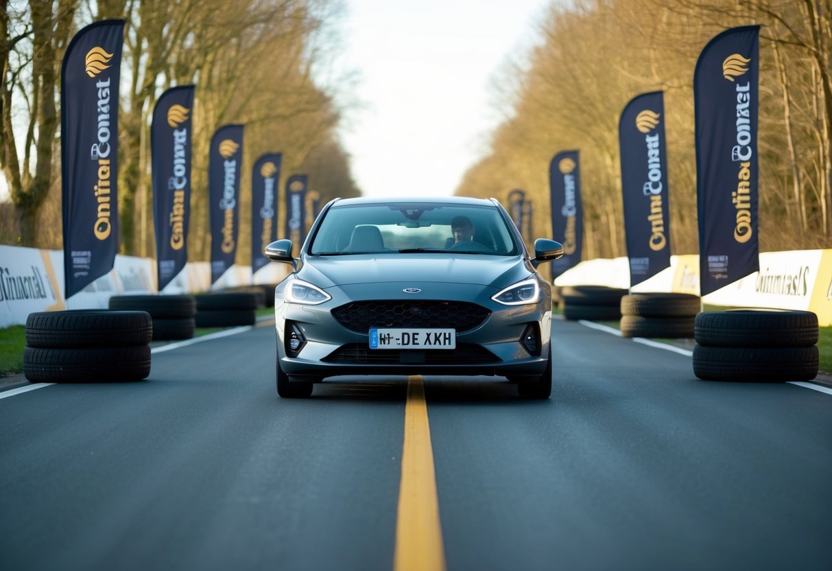 A car driving on a smooth road with ContiEcoContact 5 tires, surrounded by promotional banners and signs for Continental tires
