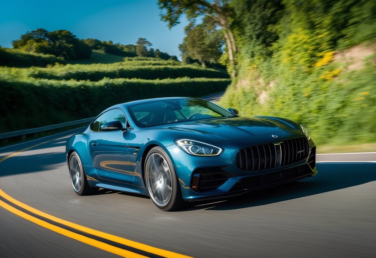 A sleek, modern car with Continental tires speeding down a winding road, surrounded by lush greenery and a clear blue sky