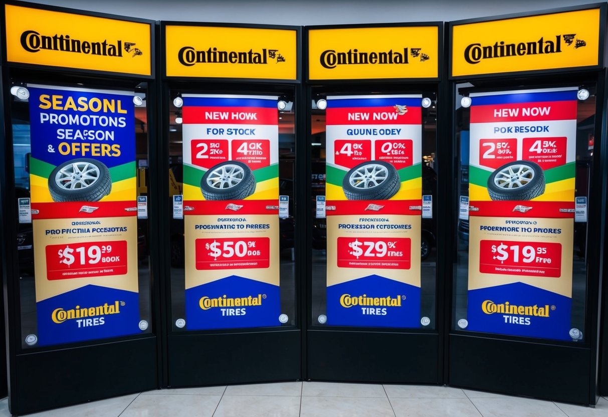 A vibrant display of seasonal promotions and offers for Continental tires, featuring eye-catching graphics and bold colors