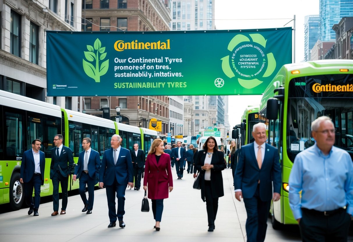 A bustling city street with a large banner promoting Continental Tyres' sustainability initiatives. People walk by, and electric buses pass in the background