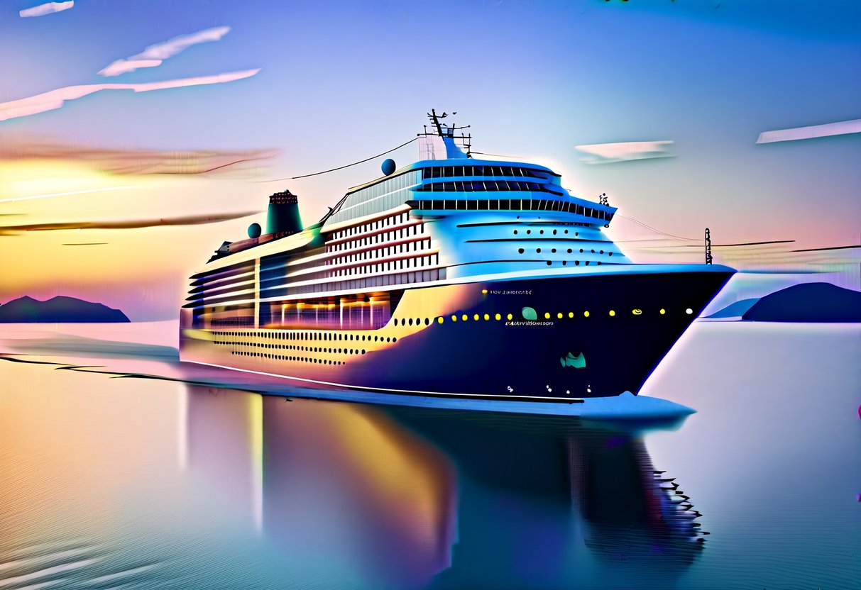 A luxurious cruise ship sails through calm waters, surrounded by a picturesque sunset and distant islands