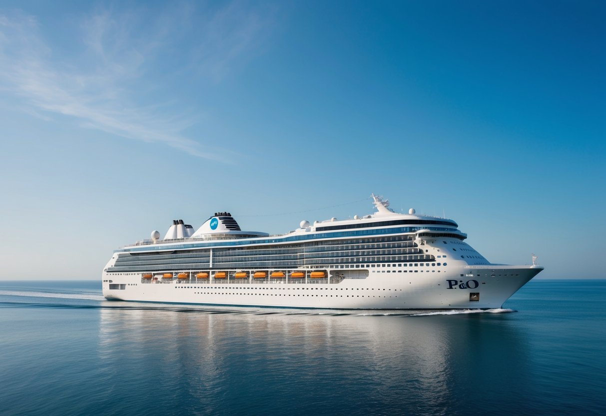 A luxury cruise ship sailing on calm waters under a clear blue sky, with the P&O logo prominently displayed on the side