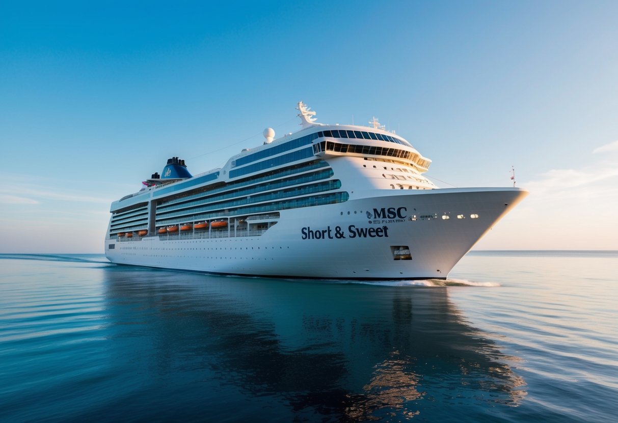 A luxury cruise ship sails on calm waters under a clear blue sky, with the MSC 'Short & Sweet' logo prominently displayed on its side