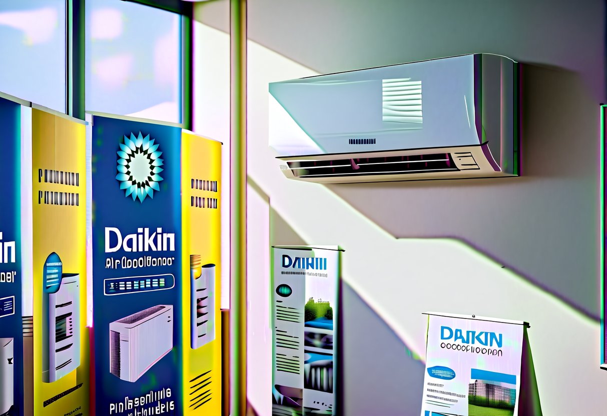 A sunny room with a Daikin air conditioner mounted on the wall, surrounded by promotional banners and leaflets