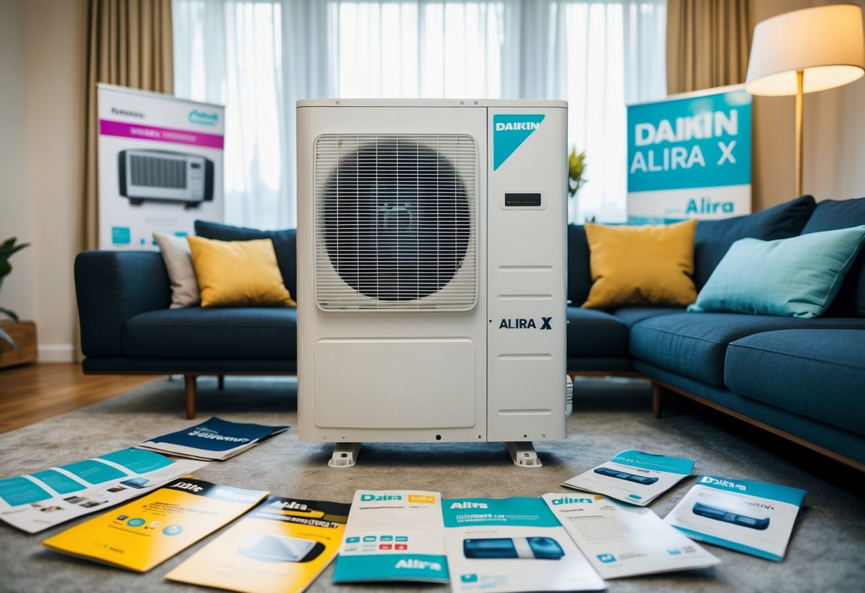 A modern living room with a Daikin Alira X Split System air conditioner in the background, surrounded by promotional materials