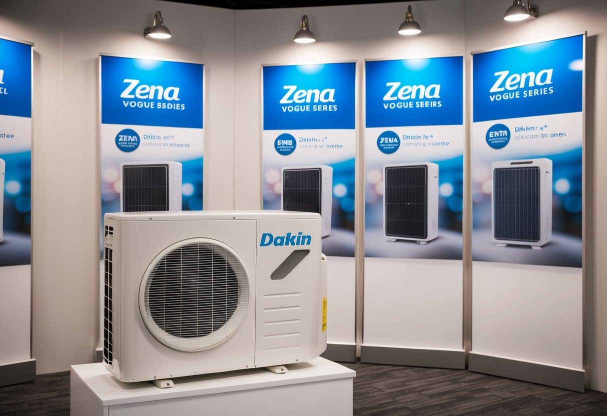A sleek Daikin Zena Vogue Series air conditioner displayed with promotional materials