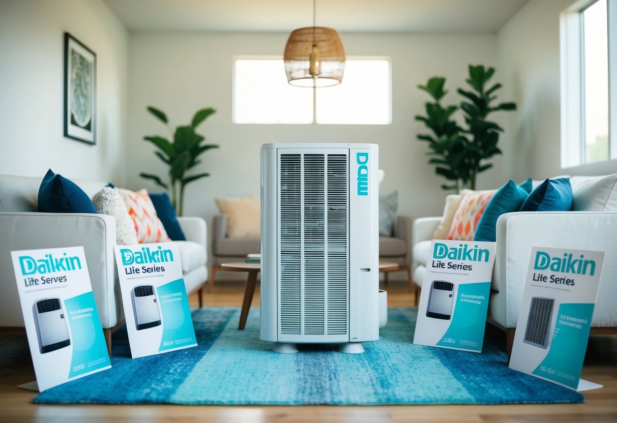 A bright, modern living room with a Daikin Lite Series air conditioner prominently featured, surrounded by promotional materials