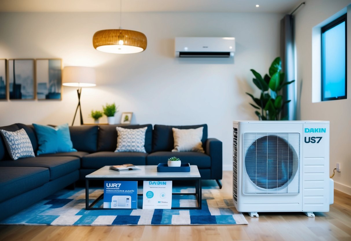 A modern living room with a Daikin US7 Split System air conditioner installed, with promotional materials displayed nearby