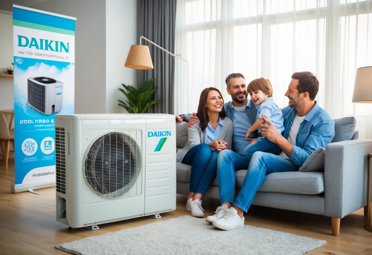 A family enjoying cool, comfortable air in their home thanks to a Daikin air conditioner, with the unit prominently displayed and a promotional banner nearby