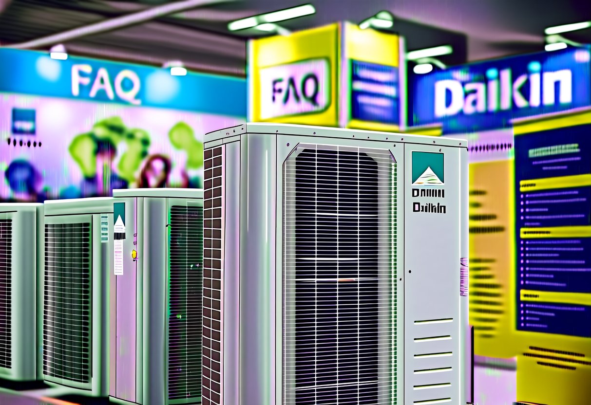 A vibrant display of Daikin air conditioning units with promotional banners and FAQ signage