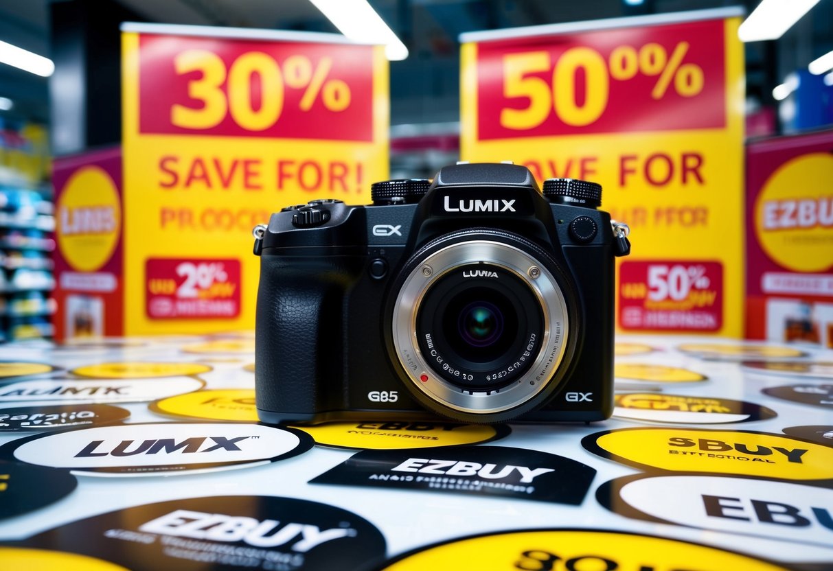 A sleek Panasonic Lumix GX85 camera surrounded by promotional banners and discounts at an ezbuy store
