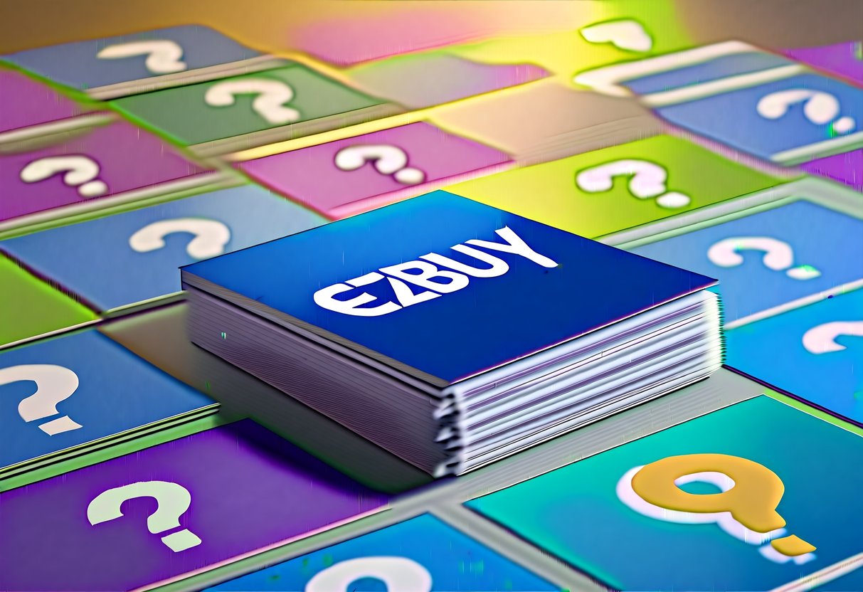 A stack of promotional materials with the ezbuy logo, surrounded by question marks and colorful graphics