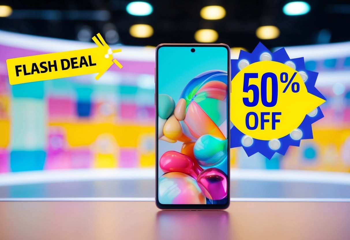 A bright, colorful advertisement featuring the Samsung Galaxy S23 with a prominent "50% off" tag and flashing "flash deal" promotion