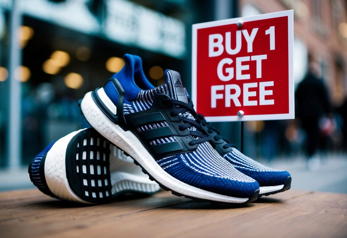 A pair of Adidas Ultraboost 22 shoes displayed with a "Buy 1 Get 1 Free" promotion sign