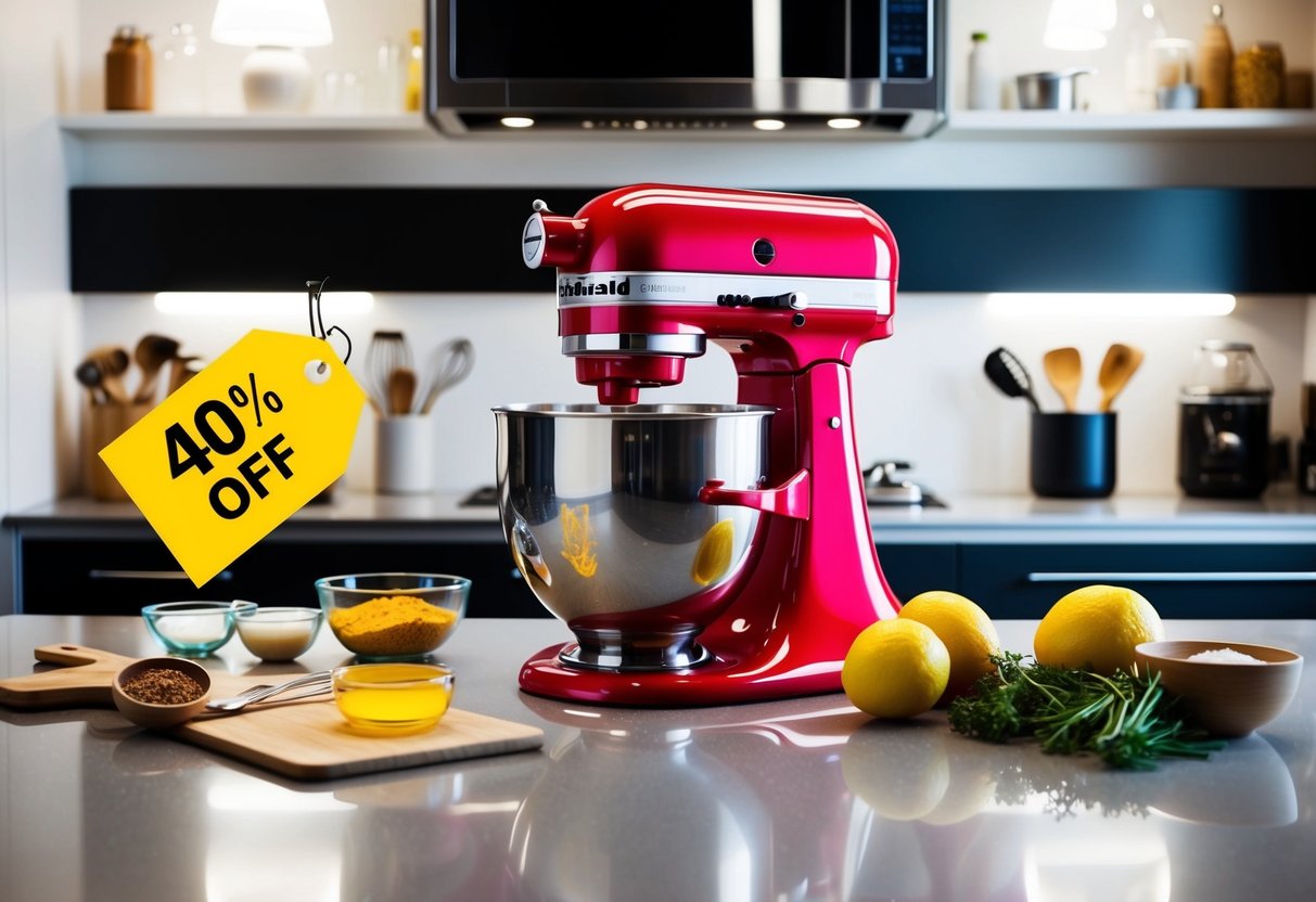 A colorful KitchenAid Artisan Mixer sits on a sleek countertop, surrounded by various kitchen utensils and ingredients. A bright "40% off" tag catches the eye