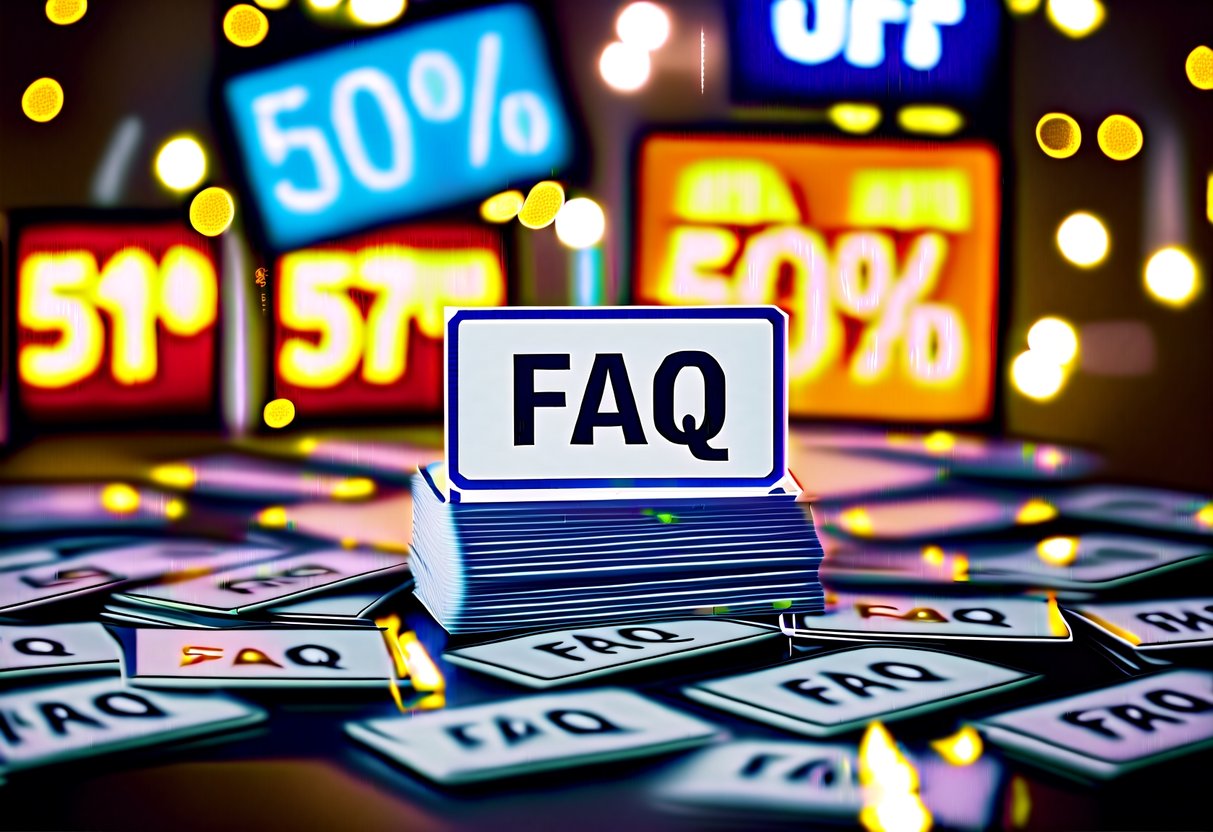 A stack of FAQ cards surrounded by flashing lights and discount signs