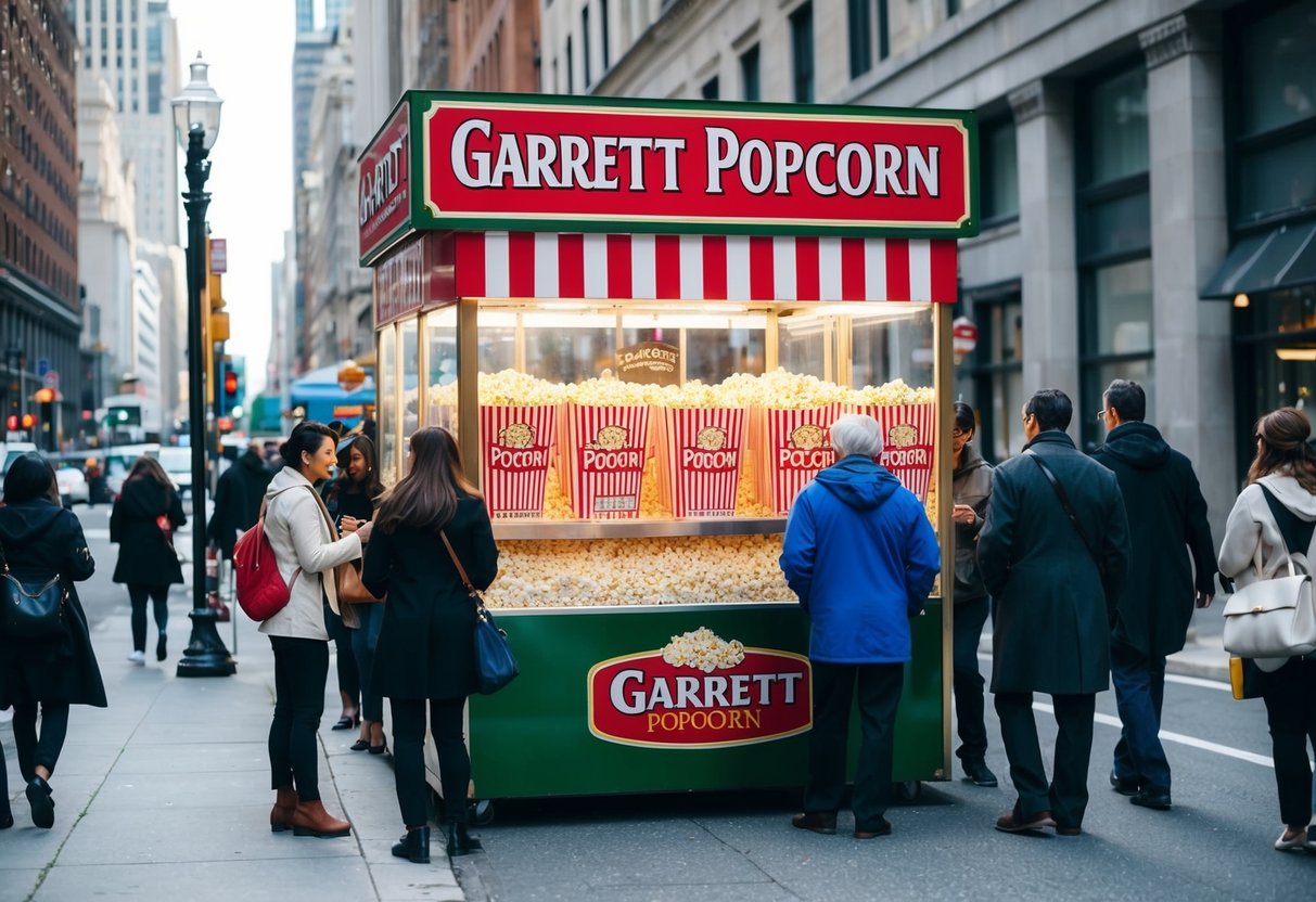 A bustling city street with a vibrant, eye-catching Garrett Popcorn promotion display. Pedestrians stop to admire the enticing popcorn offerings