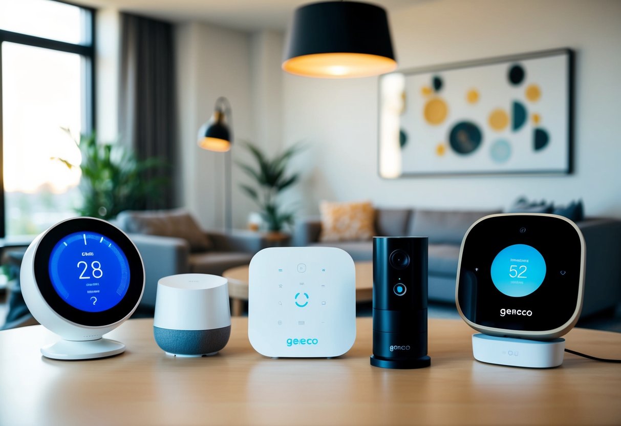 A modern living room with various GeneCo smart home devices on sale, including a smart thermostat, security camera, and voice-activated assistant