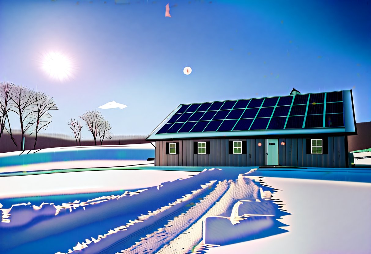 A snowy landscape with a house covered in GeneCo solar panels, with a clear blue sky and the sun shining down