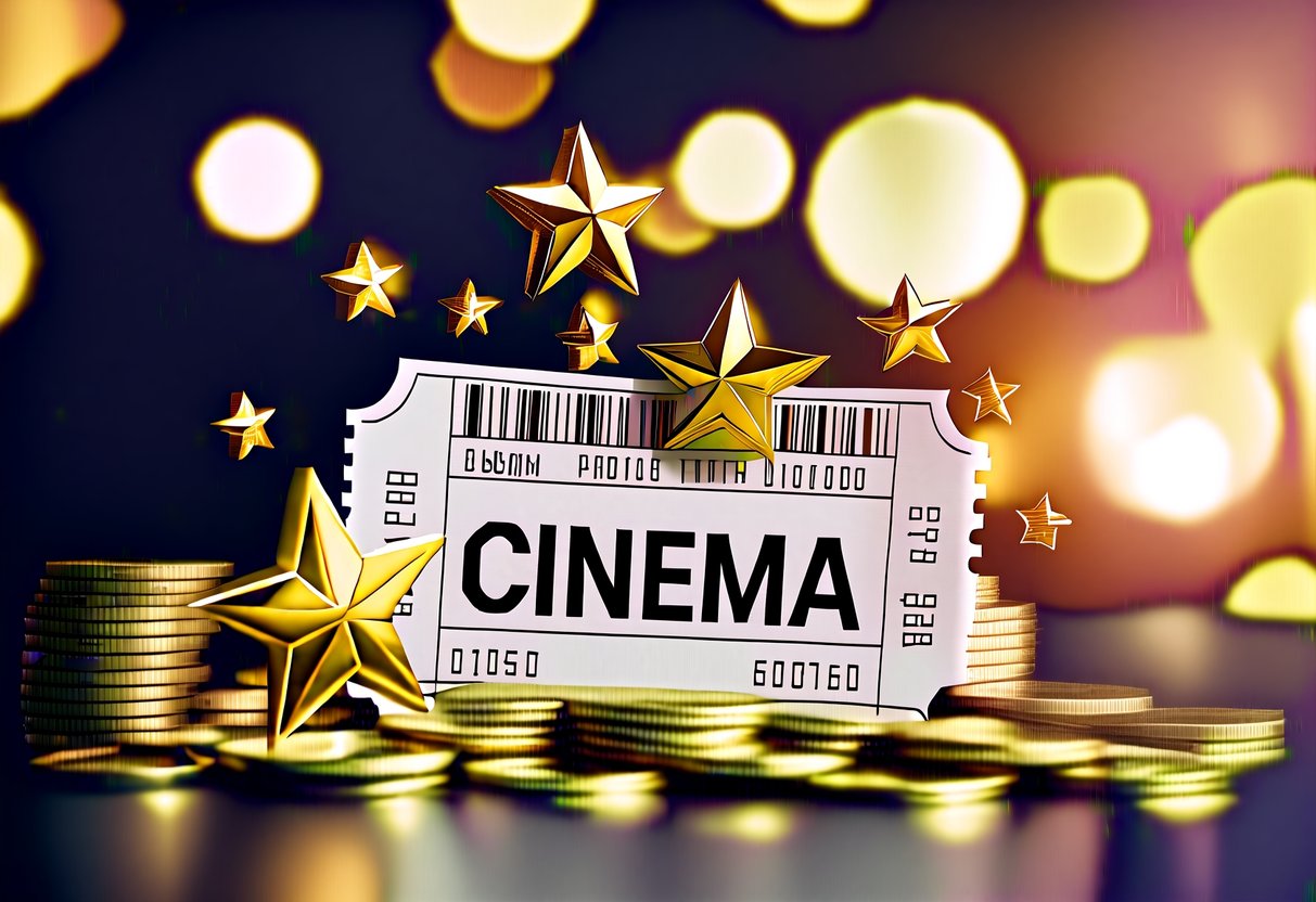 A cinema ticket surrounded by shining golden stars and coins