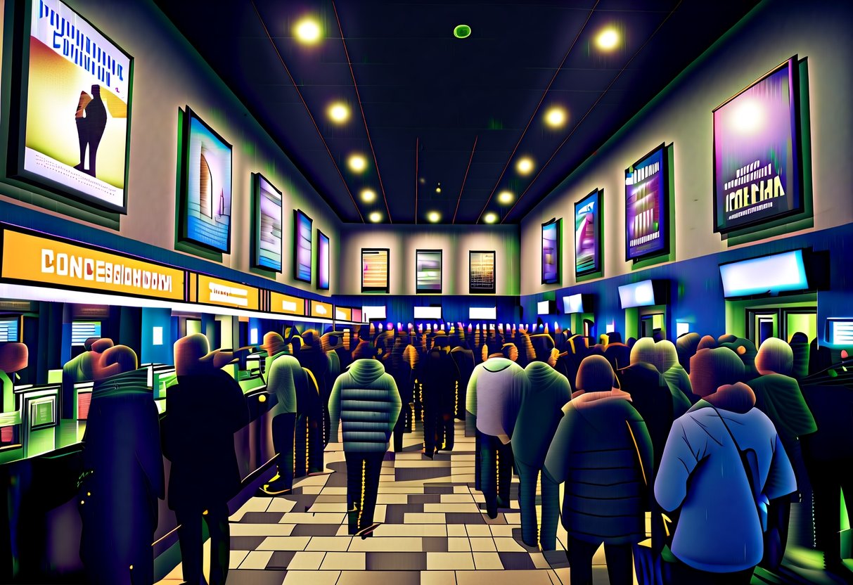 A crowded cinema lobby with people lining up at a ticket counter and concession stand, with promotional posters and banners displayed throughout the space