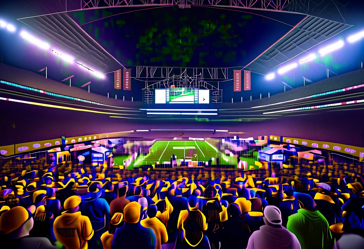A crowded stadium with bright lights and banners, filled with cheering fans and surrounded by promotional booths and vendors