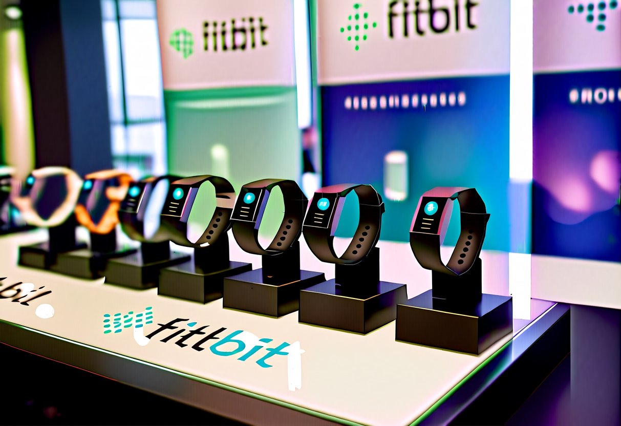 A display of Fitbit products with promotional banners and logos