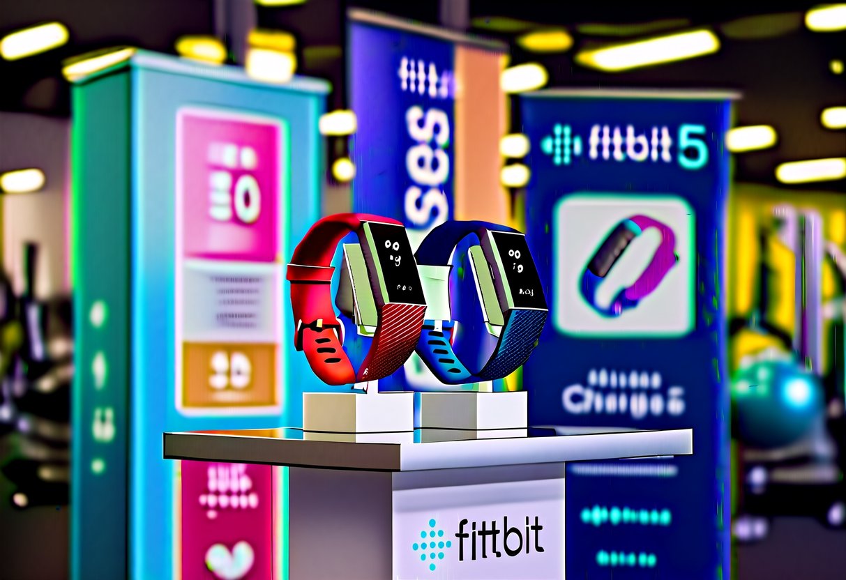 A Fitbit Charge 5 displayed with promotional signage in a vibrant fitness setting