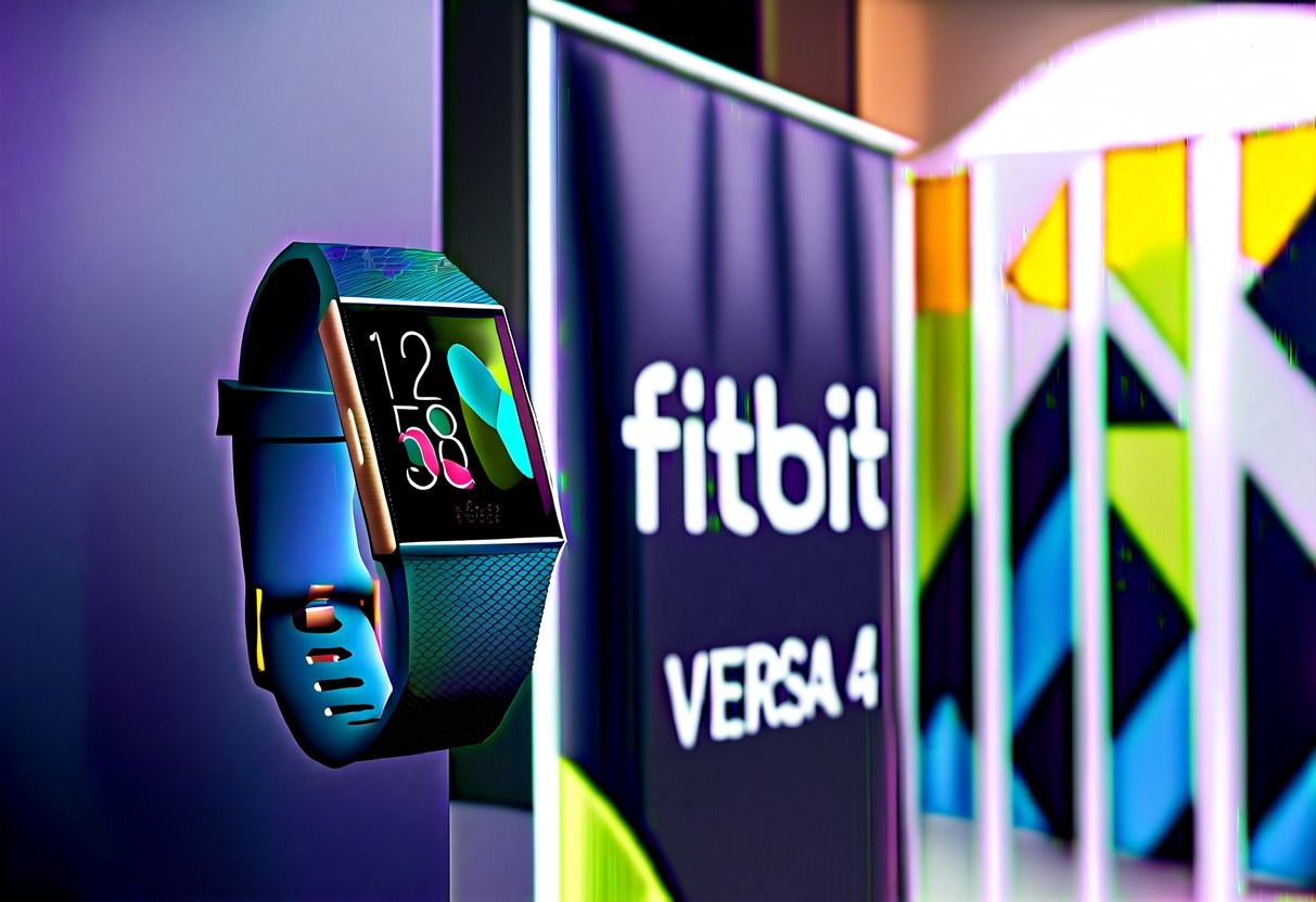 A Fitbit Versa 4 displayed on a sleek, modern promotional banner with bold, eye-catching colors and graphics