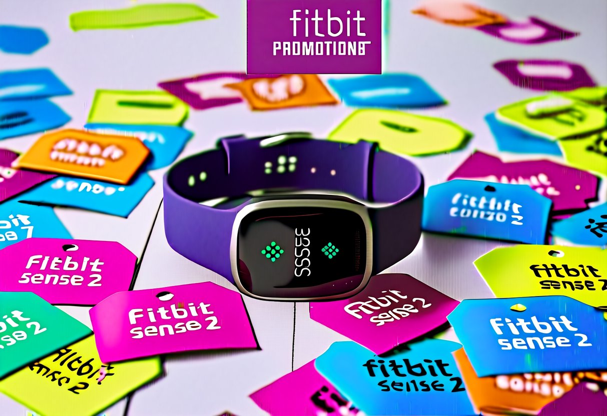 A Fitbit Sense 2 surrounded by colorful discount tags and a bold "fitbit promotions" banner