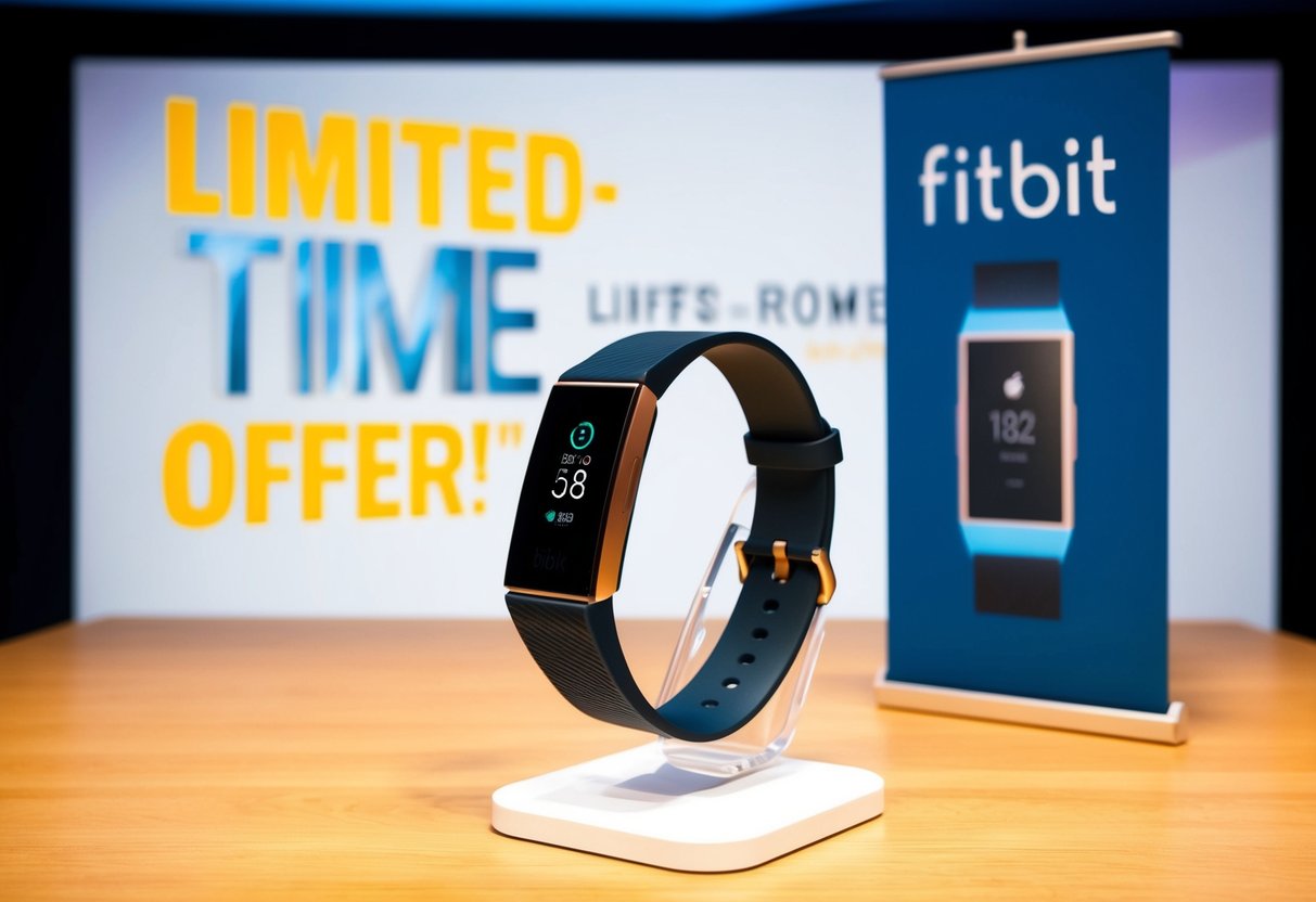 A sleek Fitbit Luxe displayed with a bold "Limited-time offer" banner and promotional graphics