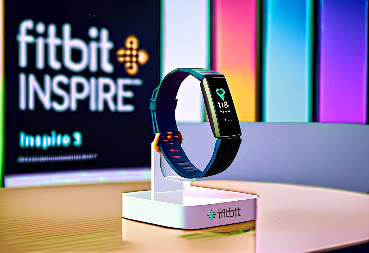 A Fitbit Inspire 3 displayed on a sleek, modern promotional banner with vibrant colors and bold typography